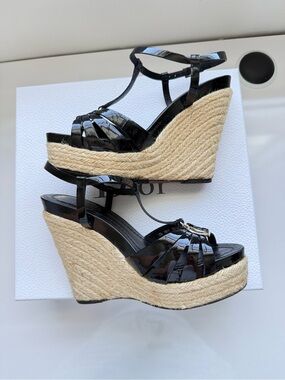 Christian Dior Black Patent Leather Espadrille Wedge Sandals | Gold CD Logo